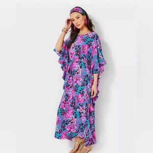 NWT - Lilly Pulitzer Monnae Silk Maxi Caftan Ruffle Blue Rhapsody